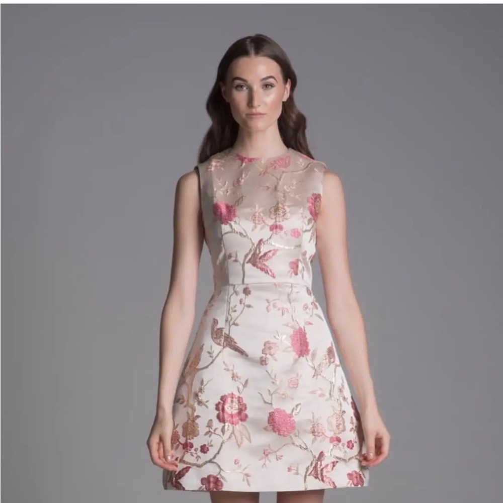Hottie + Lord Silk Chinoiserie Bird Floral Embroidered A-Line Dress